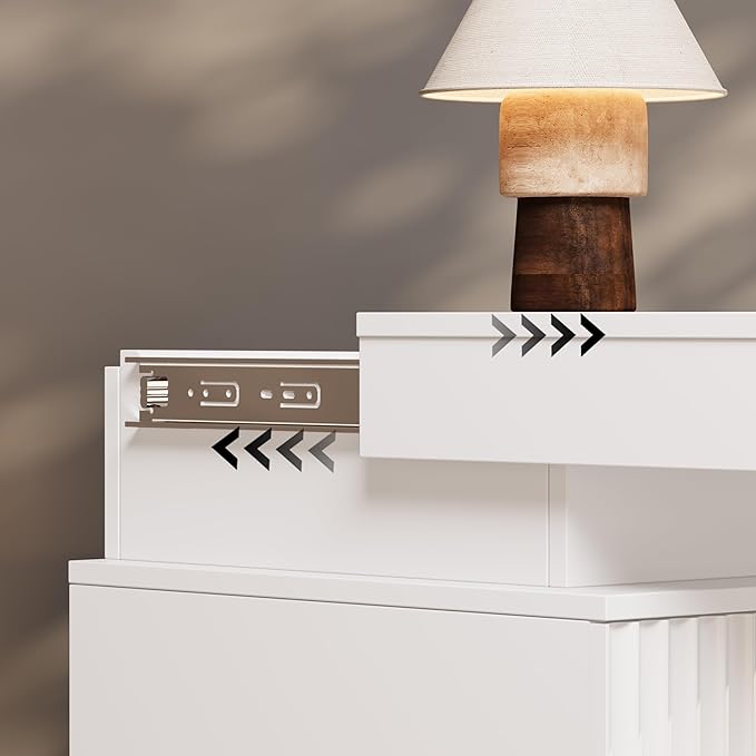 BOXACTION White Nightstand with 3 Drawers and LED Light, Mid Century Modern Fluted Night Stand with Charging Station, Bedside Table & End Table for Bedroom