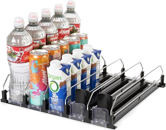 Hodge Home Essentials 5-Piece Drink Organizer for Fridge – Spring-Loaded Rolling Can & Bottle Holder – Kitchen Storage for Soda, Water, Baby Bottles – Sliding Beverage Dispenser (Black)