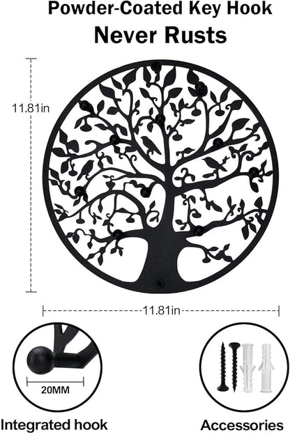 Round Decorative Home Key Holder Wall Mount, Metal Tree Car Key Rack for Wall Organizer for Keys, Wallets, Hats, Used for Decor for House Entryway, Kitchen, Garage, Office (12" Black)