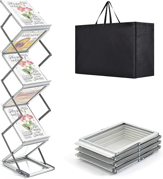 6 Pockets Aluminum Foldable Magazine Rack Floor, Brochure Magazine Display Stand, Brochure Holder, Literature Rack with Carrying Bag for Trade Shows, Exhibition, Office, Retail Store