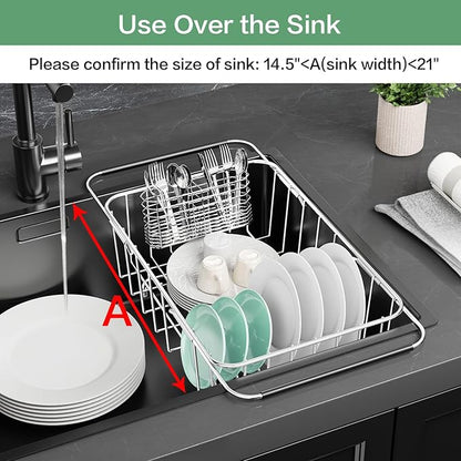 SwetLao Dish Drainer Rack in Sink Adjustable, Expandable 304 Stainless Steel Metal Dish Drying Rack Organizer with Stainless Steel Utensil Holder Over Inside Sink Counter, Rustproof