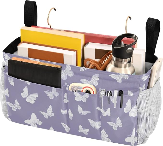 CuwrYet Bedside Caddy Hanging Bunk Bed Caddy Bed Organizer Hanging Pocket with 2 Hooks Bedside Storage Organizer Pocket Bag Holder White Butterfly Purple