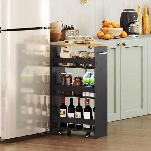 Small Kitchen Cart, 4-Tier Slim Rolling Island w/Handle, Laundry Room Storage Organizers Between Washer and Dryer, Narrow Spice Rack on Wheels Next to Fridge (Black, 8'')