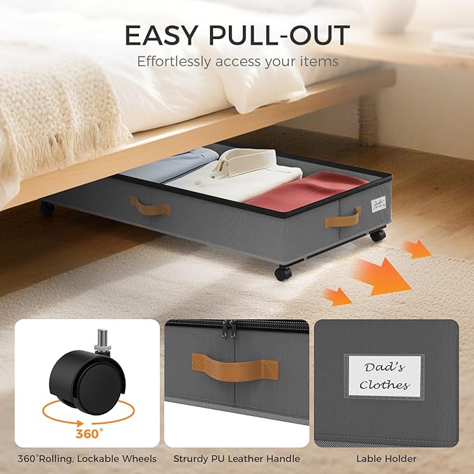 BETBEM Under Bed Storage with Wheels 2-Pack, 75L XXL Under the Bed Storage Containers Large, 12" Tall Adjustable Storage for Underbed with Lids, Rolling for Shoes, Clothes, Blankets (Grey)