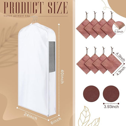 2 Set 40in Short Cotton Garment Bags, 6in Wide Gusset Hanging Storage Clothes with 8 Cedar Blocks, Transparent Mesh Window, Breathable Closet Bags for Fur Coat Suit Sweater Dress, White