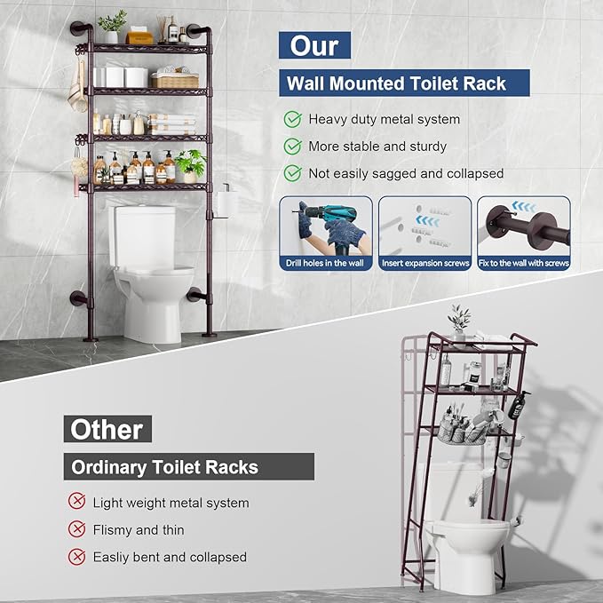 Roxibelt K3 Wall Mounted 4-Tier Over the Toilet Storage，Metal Above Toilet Storage with Paper Hook,Over Toilet Bathroom Organizer with Adjustable Shelf，Above Toilet Rack 9.7"Dx 25.6"Wx 74.3"H,Espresso