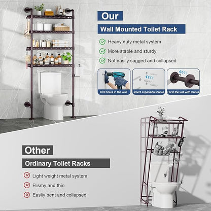Roxibelt K3 Wall Mounted 4-Tier Over the Toilet Storage，Metal Above Toilet Storage with Paper Hook,Over Toilet Bathroom Organizer with Adjustable Shelf，Above Toilet Rack 9.7"Dx 25.6"Wx 74.3"H,Espresso