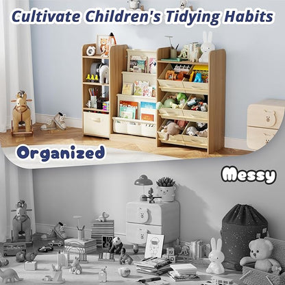 Kids Toy Book Storage Organizer - Large Bookshelf with 7 Removable Bins, Baby Bookshelf and Toy Storage, 4-Tier Book Shelf for Kids Room, Playroom, Classroom, 51 inch, Burlywood
