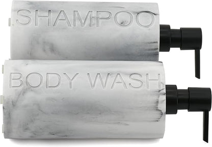 Indecor Home Marble Resin 2 Piece Shampoo and Body Wash Dispenser Set, Luxurious Refillable Pump Bottles with Matte Pump Top and Embossed Text, Durable Design for Bathroom and Shower