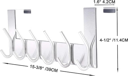 SKOLOO Over The Door Hook - 6 Hooks, No Assembly Required, Stainless Steel Door Hooks, Over Door Coat Rack for Hanging Coats Clothes Hats Robes, Silver, Pack of 2