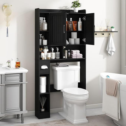 Vabches Over The Toilet Storage Cabinet, Farmhouse Storage Cabinet Over Toilet with Barn Door, Home Space-Saving Toilet Rack, for Bathroom, Restroom, Laundry（Black）.