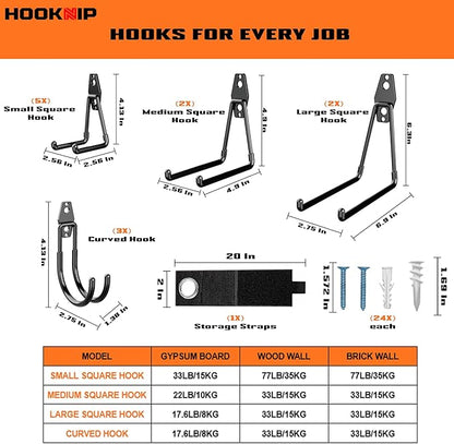 Pack 13 Garage Hooks Heavy Duty | Multi-Sized Wall-Mounted Tool Hangers with Anti-Rust PVC Coating | Heavy Duty Wall Hooks for Bikes, Ladders, Garden Tools, and More