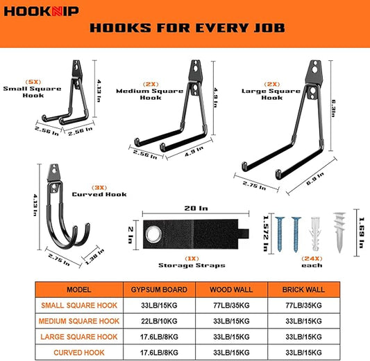 Pack 13 Garage Hooks Heavy Duty | Multi-Sized Wall-Mounted Tool Hangers with Anti-Rust PVC Coating | Heavy Duty Wall Hooks for Bikes, Ladders, Garden Tools, and More