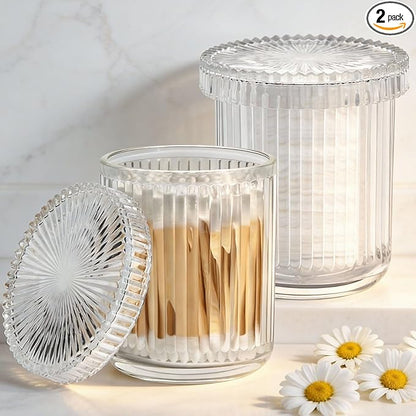 ESEHGS 2 Pack Glass Qtip Holder Dispenser Set - Bathroom Organizer for Cotton Swabs, Balls, Pads, Floss Picks - Clear Apothecary Jars for Vanity, Makeup Storage, Bathroom Accessories Decor (Clear)