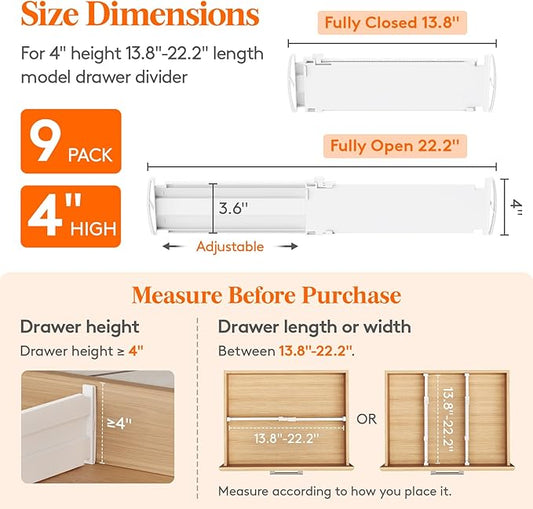 Lifewit 4" High 9 Pack Drawer Dividers, 13.8-22.5" Drawer Divider for Clothes, Adjustable Dresser Drawer Organizers, Plastic Drawers Separators for Clothes, Bedroom, Bathroom, Kitchen, Office
