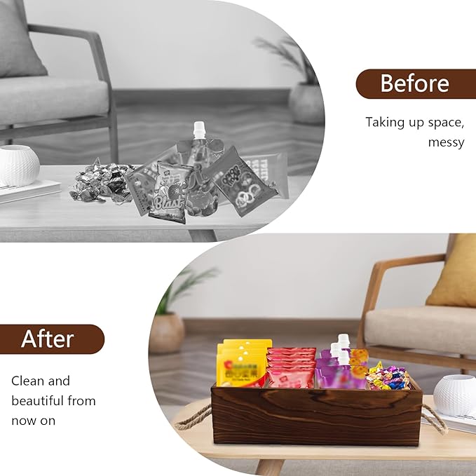 2 Pack Snack Organizer for Countertop, Brown Wooden Snack Basket with Handles, Pantry Organizer and Storage