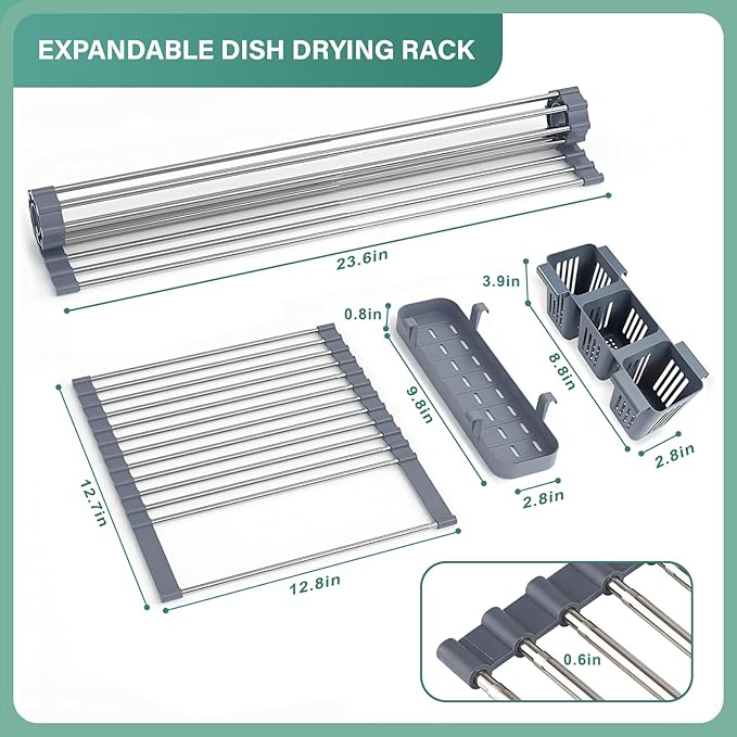 Hobychild Extra Large Expandable Roll Up Dish Drying Rack, 22.8 x 17.3 in with Expandable Storage Basket Over The Sink Rolling Dish Drainer, Foldable Sink Dish Drainer for Kitchen Counter