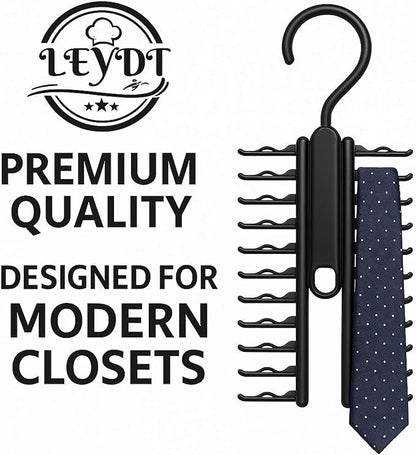 LEYDT Tie Hanger for Men – 2 Pack Space-Saving Tie Organizer for Closet – Durable Plastic Scarf & Belt Hanger – 20-Tie Capacity Rack, Black – Closet Organizer for Ties, Scarves & Accessories