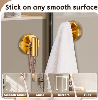 Supopular Reusable Heavy Duty Suction Cup Hooks for Kitchen/Bathroom/Shower - Wet-Proof Hooks for Towels, Robes, Loofah&Wreaths/No Drill Mounting on Glass, Tile, (2, Brushed Gold)