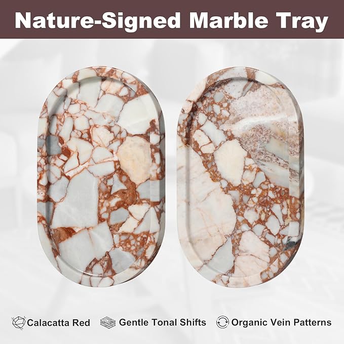 Red Marble Oval Tray 10x6 Inch - Vanity & Bathroom Organizer, Jewelry Dish, Coffee Table Decor - Natural Stone Desktop Catchall