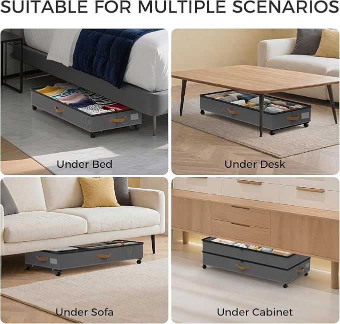 BETBEM Under Bed Storage with Wheels 4-Pack, 75L XXL Under the Bed Storage Containers Large, 12" Tall Adjustable Storage for Underbed with Lids, Rolling for Shoes, Clothes, Blankets (4PCS-Grey)