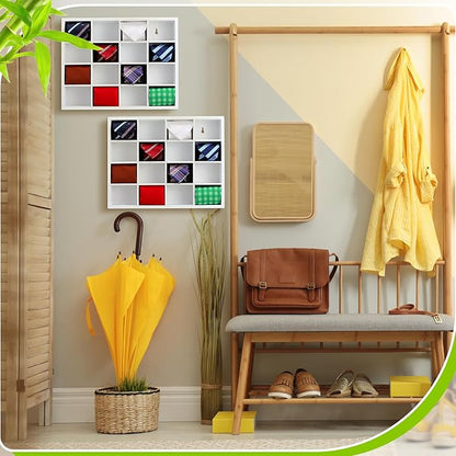 Wesiti Tie Box Organizer Wall Mounted Tie Rack with 16 Compartments Bamboo Belt Holder for Men Scarf Necktie Home Wall Closet(White Color,2 Pieces)