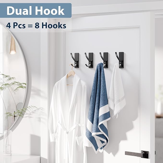 Josmimic Self Adhesive Towel Hooks: Extra Strong 13LB, Stainless Hook for Hanging Loofah, Towels, Coat, Bath Robe Bathroom Shower, Black, 4 Pack