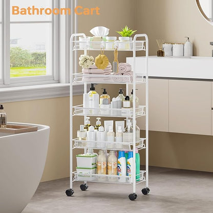 TOOLF 5-Tier Rolling Cart, Metal Utility Cart with 3 Hooks, Easy Assemble Mobile Storage Trolley On Wheels, Metal Shelving Units Kitchen Bathroom Laundry Room