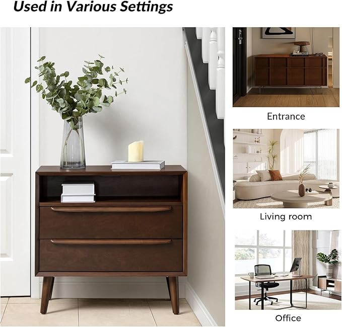 HULALA HOME End Table with Charging Station, Mid-Century Modern 2 Drawer and Open Shelf, Fluted End Table（Walnut, Set of 2）