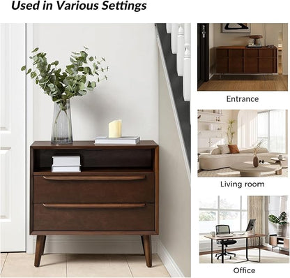 HULALA HOME End Table with Charging Station, Mid-Century Modern 2 Drawer and Open Shelf, Fluted End Table（Walnut, Set of 2）