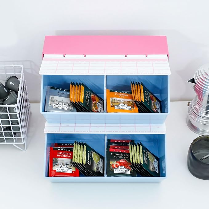 Coffee Pod Organizer with Lid, Vintage Creamer Holder for Coffee Bar, Kitchen and Countertop, Plastic Storage Box for K Cups, Tea Bags, Sugar Packets, Drinking Accessories (Rose Pink)