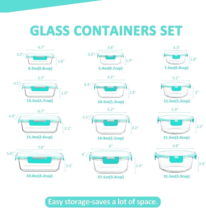 KOMUEE 24 Pieces Glass Food Storage Containers Set, Meal Prep Containers-Stackable Airtight Glass Storage Containers with lids,Freezer, Microwave, Oven Safe,Green