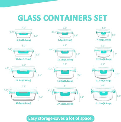 KOMUEE 24 Pieces Glass Food Storage Containers Set, Meal Prep Containers-Stackable Airtight Glass Storage Containers with lids,Freezer, Microwave, Oven Safe,Green