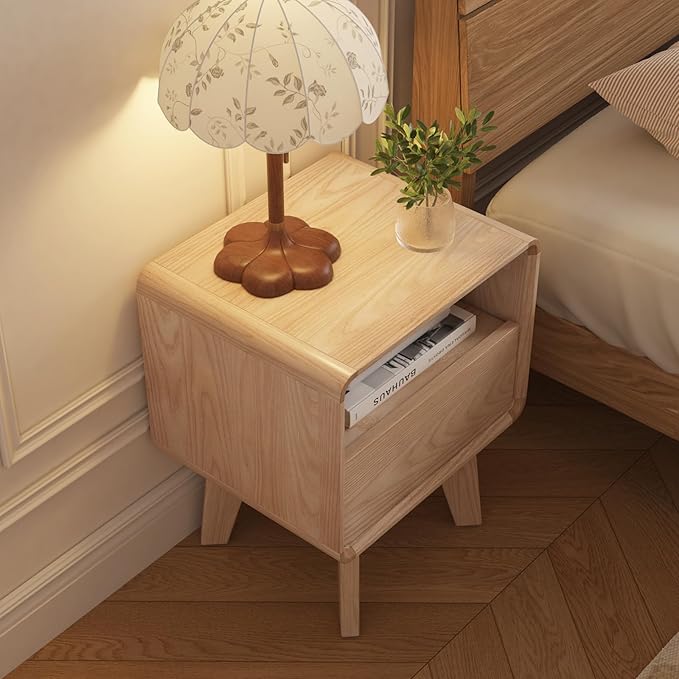 NKGIAG Solid Wood Nightstand, Mid-Century Modern Night Stand with Drawer & Open Shelf, Compact Bedside Tables for Bedroom, Office, Small Spaces, Light Natural Finish, Pre-Assembled
