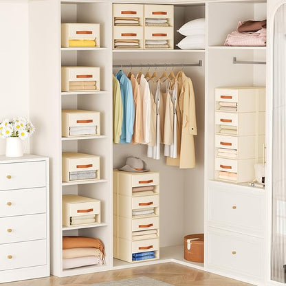 DIMJ Closet Organizers and Storage - Fabric Bins with Drawers for Closet Foldable Clothes Organizers with Clear Window, Stackable Storage Drawers Units for Bedroom, Living Room, Medium 6-Pack, Beige