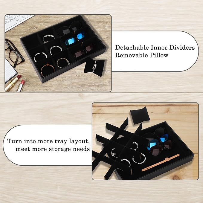 Polmart Stackable 12-Grid Jewelry Tray with Pillow, Black Velvet (2-Pack)