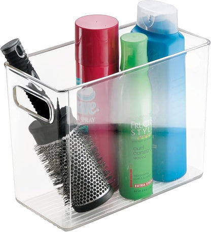 mDesign Tall Modern Stackable Plastic Storage Organizer Bin Basket with Handles for Bathroom Vanity Organization - Shelf, Cubby, Cabinet, or Closet Organizing Decor - Ligne Collection - Clear