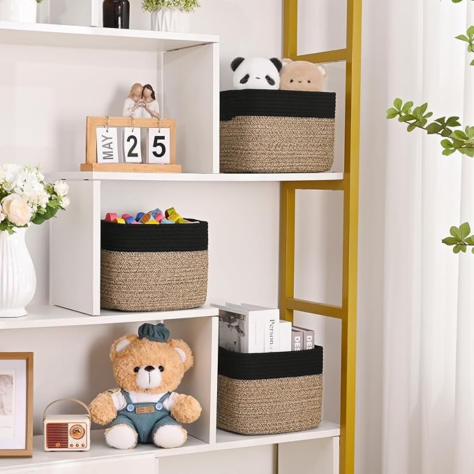 3 Pack Cube Storage Bin, 9”x9”x7” Cotton Rope Woven Baskets for Organizing Toys Clothes Towels, Square Gift Storage Baskets for Shelf, Nursery, Closet, Bathroom, Pantry (Black & Brown)