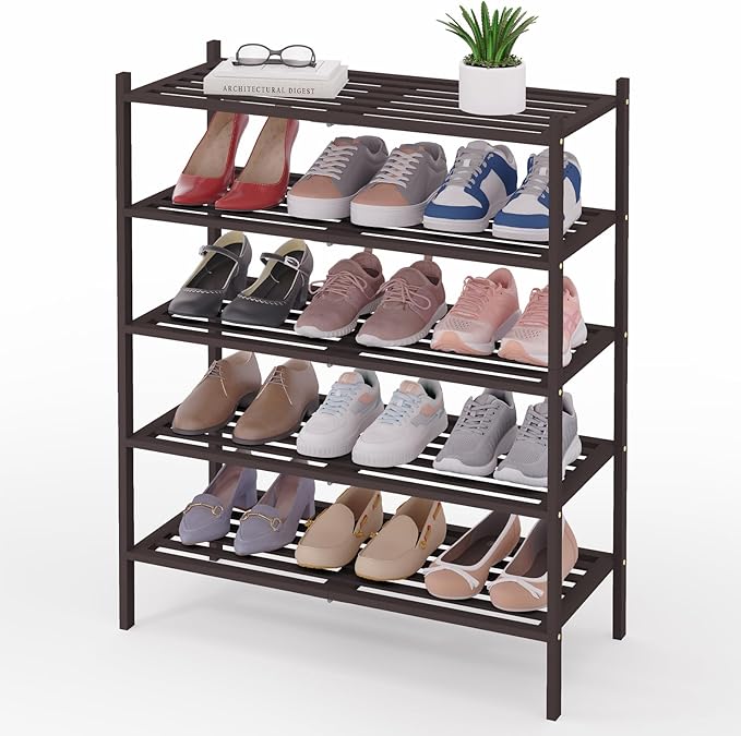Smiry Bamboo Shoe Rack 5-Tier, Stackable Wooden Shoe Organizer for Entryway & Closet, Free Standing Wood Shoe Storage Shelf for Front Door & Small Spaces, Brown