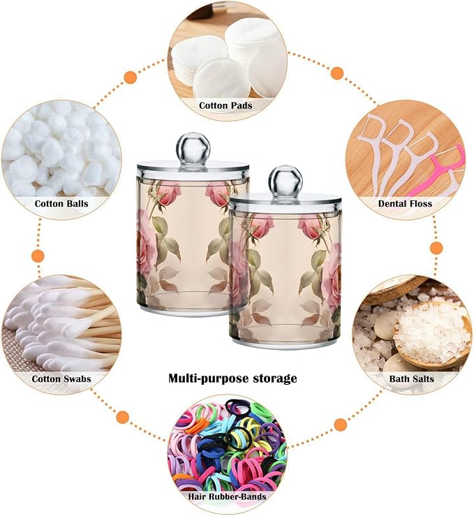 MNSRUU 2 Pack Qtip Holder Organizer Dispenser Floral Rose Pink Bathroom Storage Canister Cotton Ball Holder Bathroom Containers for Cotton Swabs/Pads/Floss