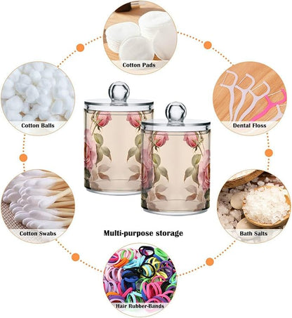 MNSRUU 2 Pack Qtip Holder Organizer Dispenser Floral Rose Pink Bathroom Storage Canister Cotton Ball Holder Bathroom Containers for Cotton Swabs/Pads/Floss