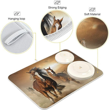 ZzWwR Horse Absorbent Dish Drying Mat Microfiber Kitchen Countertop Table Protector Multi-Purpose Counter Rack Sink Drainer Pad (18” x 16”)