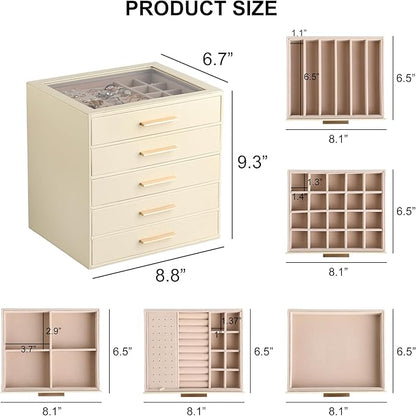 Frebeauty Clear Lid Jewelry Box,5-Layer Jewelry Organizer with Drawer,PU Leather Jewelry Organizers and Storage,Jewelry Boxes for Women,Jewelry Storage for Rings Earring Stud,Gift for Women(Beige)