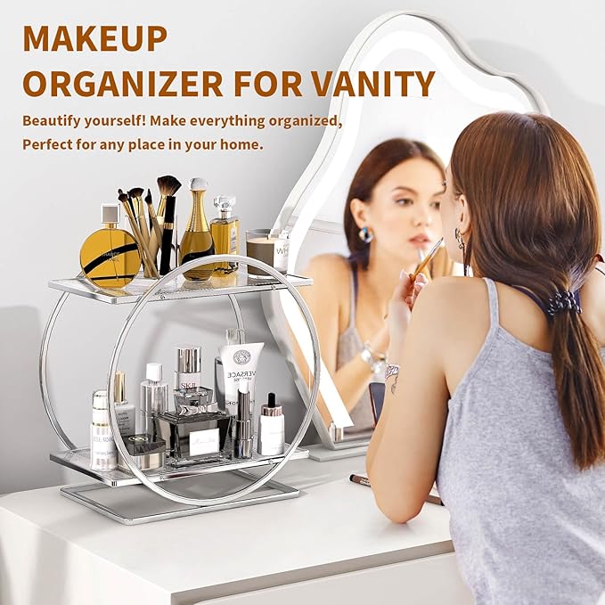 YIWANFW Perfume Organizer for Bedroom Dresser- Sliver Makeup Organizers for Vanity, 2 Tier Bathroom Countertop Organizer Perfume Tray Skincare Storage Cosmetic Display Rack, Make Up Counter Shelf