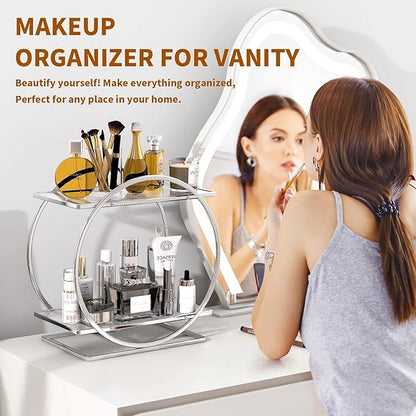 YIWANFW Perfume Organizer for Bedroom Dresser- Sliver Makeup Organizers for Vanity, 2 Tier Bathroom Countertop Organizer Perfume Tray Skincare Storage Cosmetic Display Rack, Make Up Counter Shelf