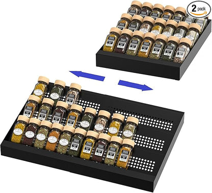 Wobmmi Expandable Metal Spice Drawer Organizer,3-Tier Slanted Seasoning Jars Tray for Kitchen Cabinet Drawers Insert/Countertop (Jars not included)-3Tier,2packs/Black