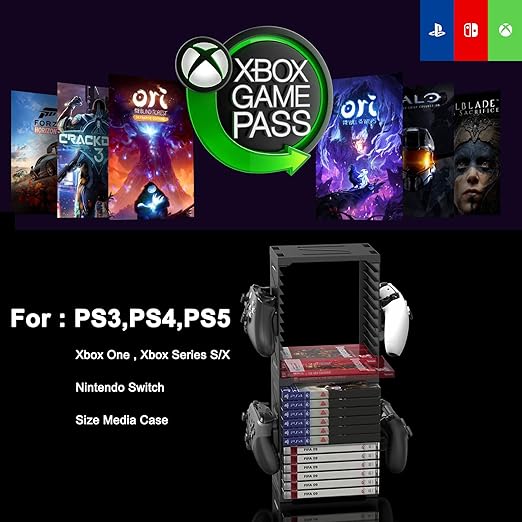 ASFSKY Video Game Storage Tower - 24 Games Video Game Organizer & Holder with 4 Controller Hooks, Universal Video Game Storage Compatible with PS5/PS4/Xbox/Switch - Gamer Gifts