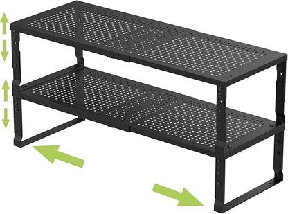 Expandable Adjustable Stackable Kitchen Organizer, Spice Rack,Metal Pantry Storage Shelves Racks,Counter Shelf for Cabinets, Countertop, Cupboard(2 Packs/Medium/Black)