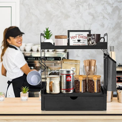 Coffee Bar Accessories and Organizer, 2-Tier Coffee Station Organizer, Wood Kitchen Countertop Organizer with Bag and Hooks, Coffee Pod Holder for Coffee Bar Decor, Syrup Snack Organizer(Black)