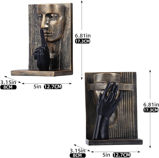 Decorative Bookends Set – Vintage Gold Face Sculptures & Modern Black & White – Resin Book Ends for Shelves, Heavy Book Stoppers, Brass-Look Bookends, Decorative for Home Office (Vintage)
